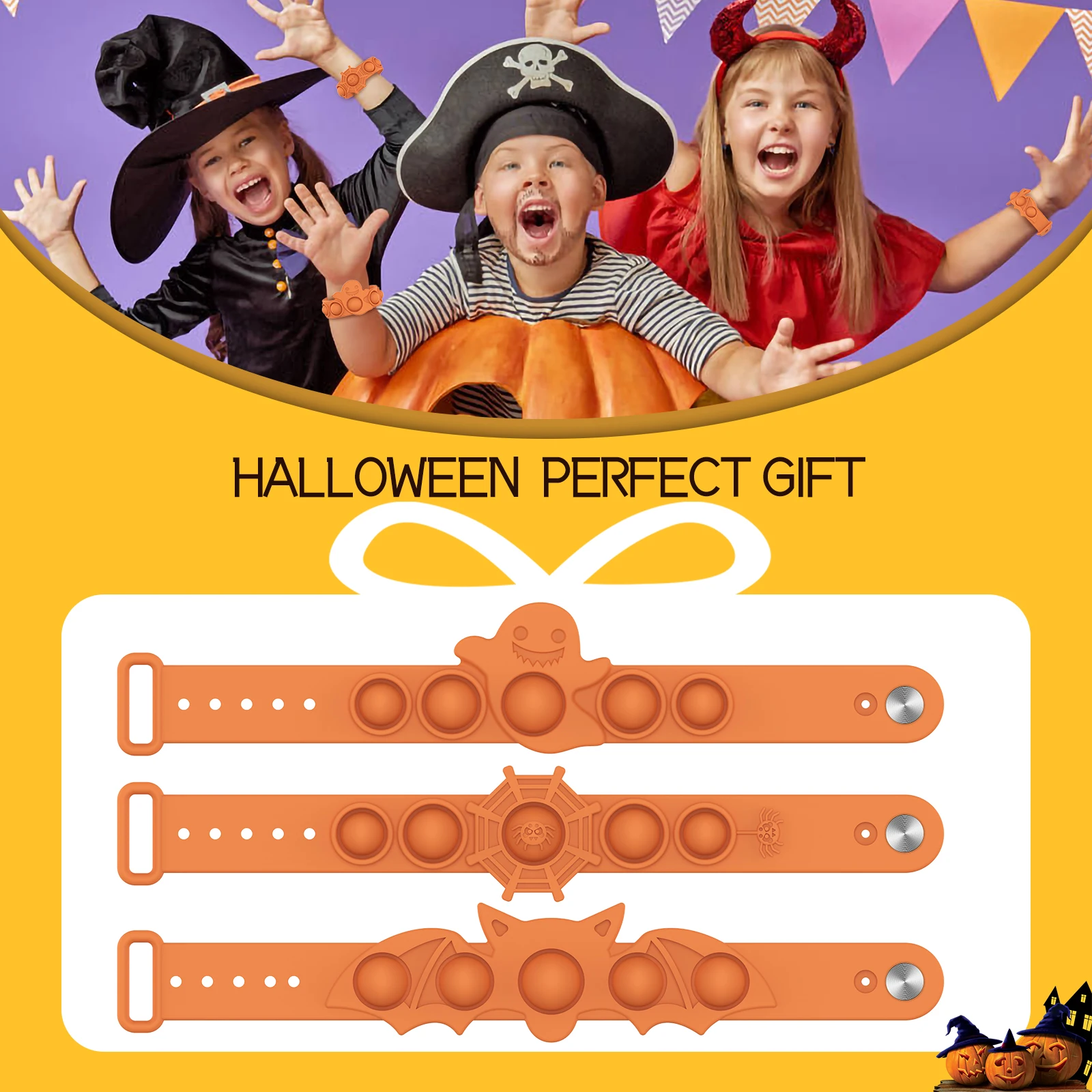 New Kids Mini Halloween 6 Colors Scary Silicone Push Sensory Popper Bubble Wristband Poppings Toy Fidgets Its Bracelet