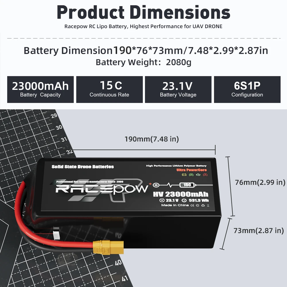 Racepow 6S/12S/14S 22.2V/23.1V  15C HV 23000mAh Semi-solid State Lipo Battery forindustry drones Cargo drone VTOL