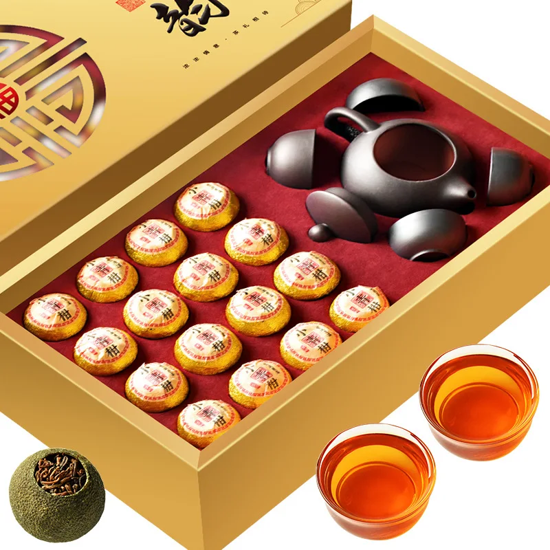 Zongxinhui small green orange Puer tea gift box with Yunnan palace Puer tea supporting tea set wholesale 160g