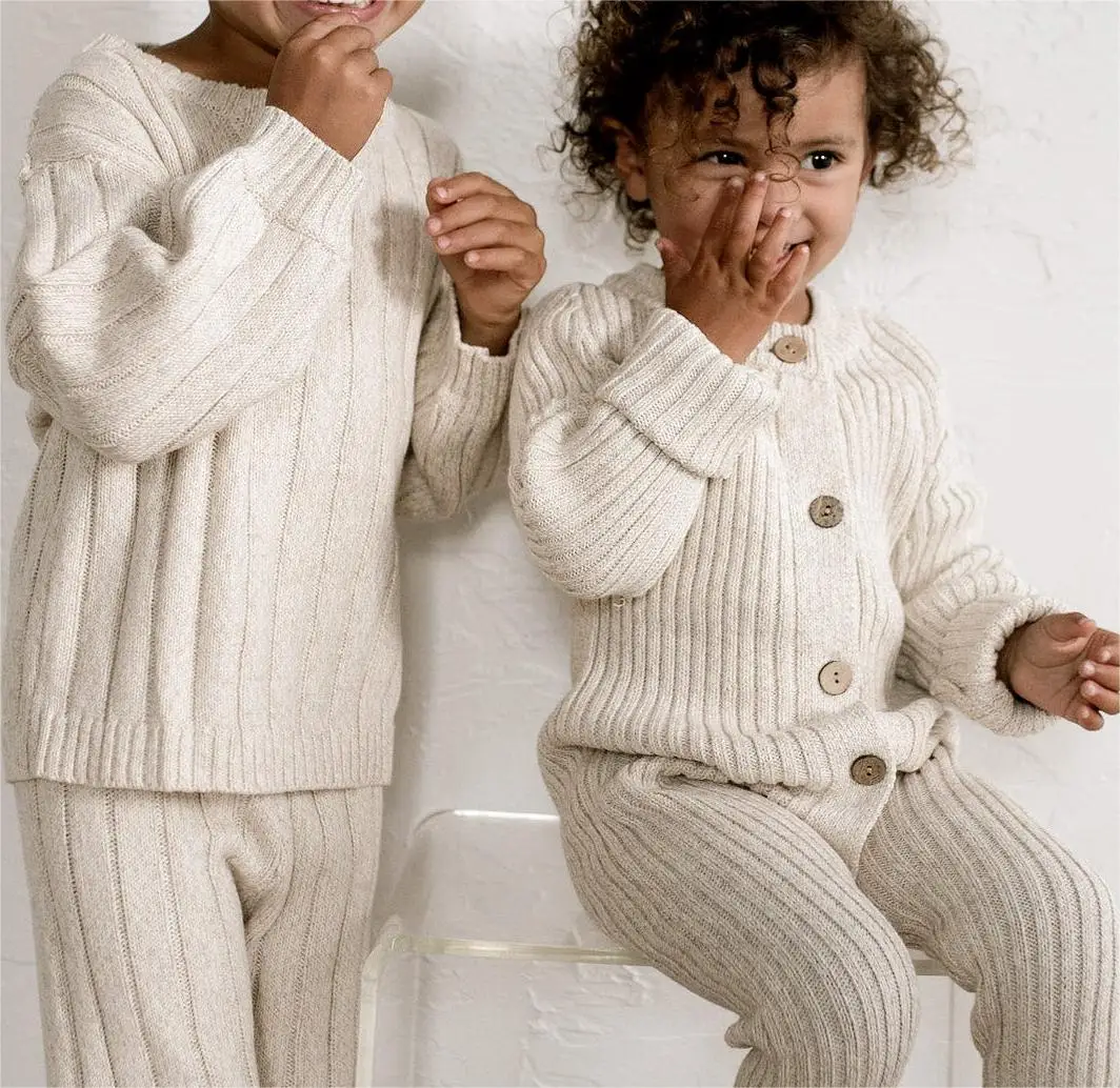 2024 Knitwear Manufacturer Custom Child Girls Wide Ribbed Knit Pullover Jumper Cotton Crewneck Kids Boy Thread Sweaters