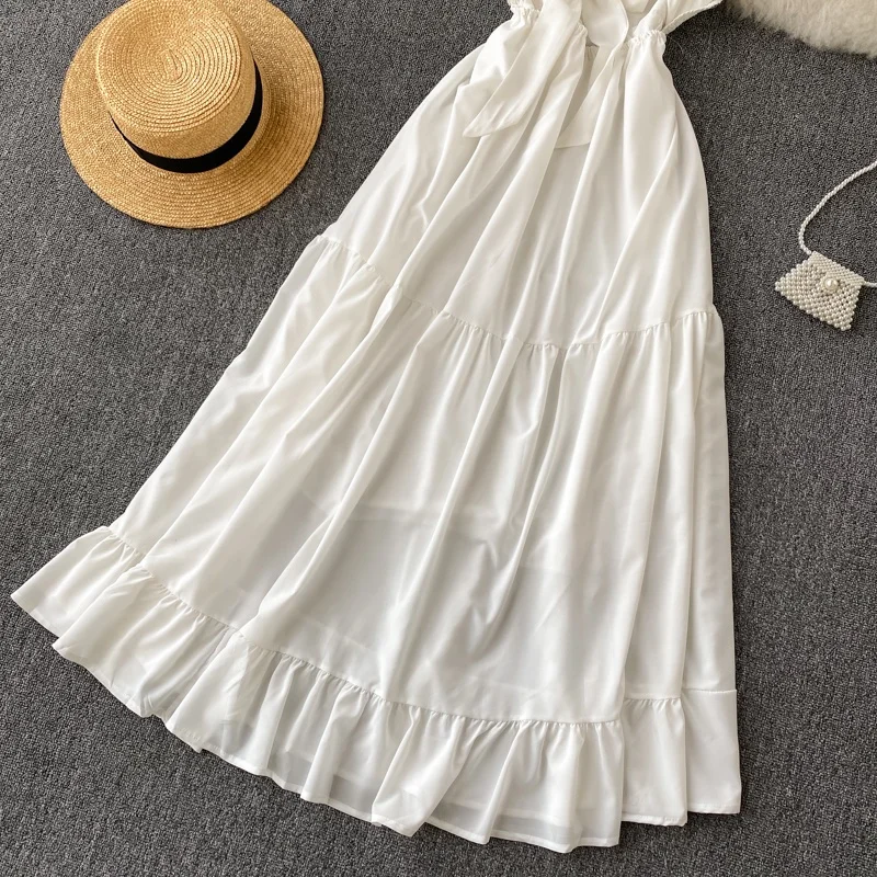 Vintage Crochet Knit temperament V-neck sexy backless bandage waist slim resort style sling women dress