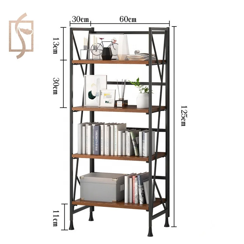 FYG Metal and Wood Rack Simple Foldable 4 Layers Living Room Free Installation Bookshelf Height 125cm