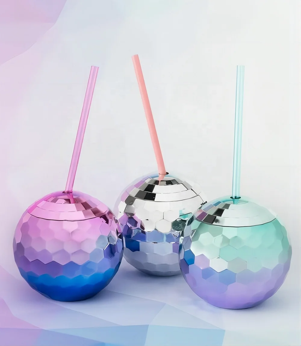 20 oz Disco Ball Shaped Reusable BPA Free Plastic Cups with Lids & Straws
