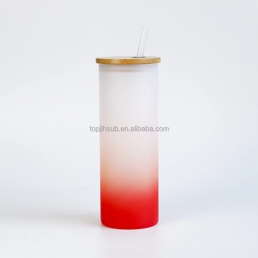Topjlh Sublimation Blank 17 OZ Glass Bubble Tea Coffee Red Mason Jar Skinny Tumbler Glass with Bamboo Wooden Lid and Straw