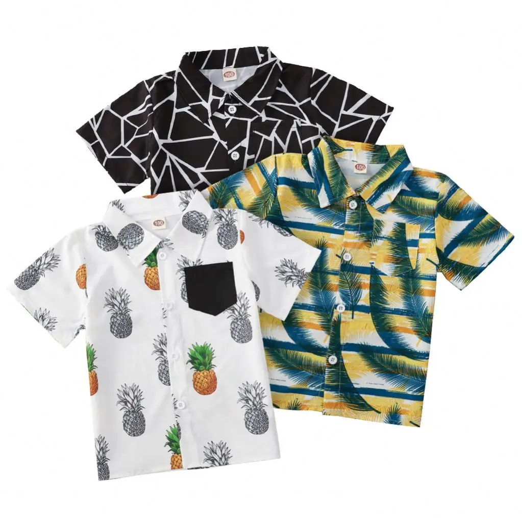 lyc-4032 Children baby Boy Cotton Short Sleeve Shirt Summer kids boy  pineapple Print Tops Shirts Casual Blouse Clothes