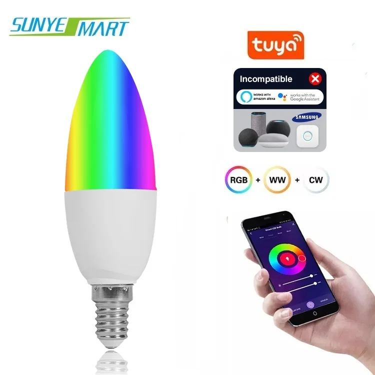 Home Decorative Dimmable Led Candle Light RGB Color Change 5w E14 Base Tuya Beacon Smart Bulbs