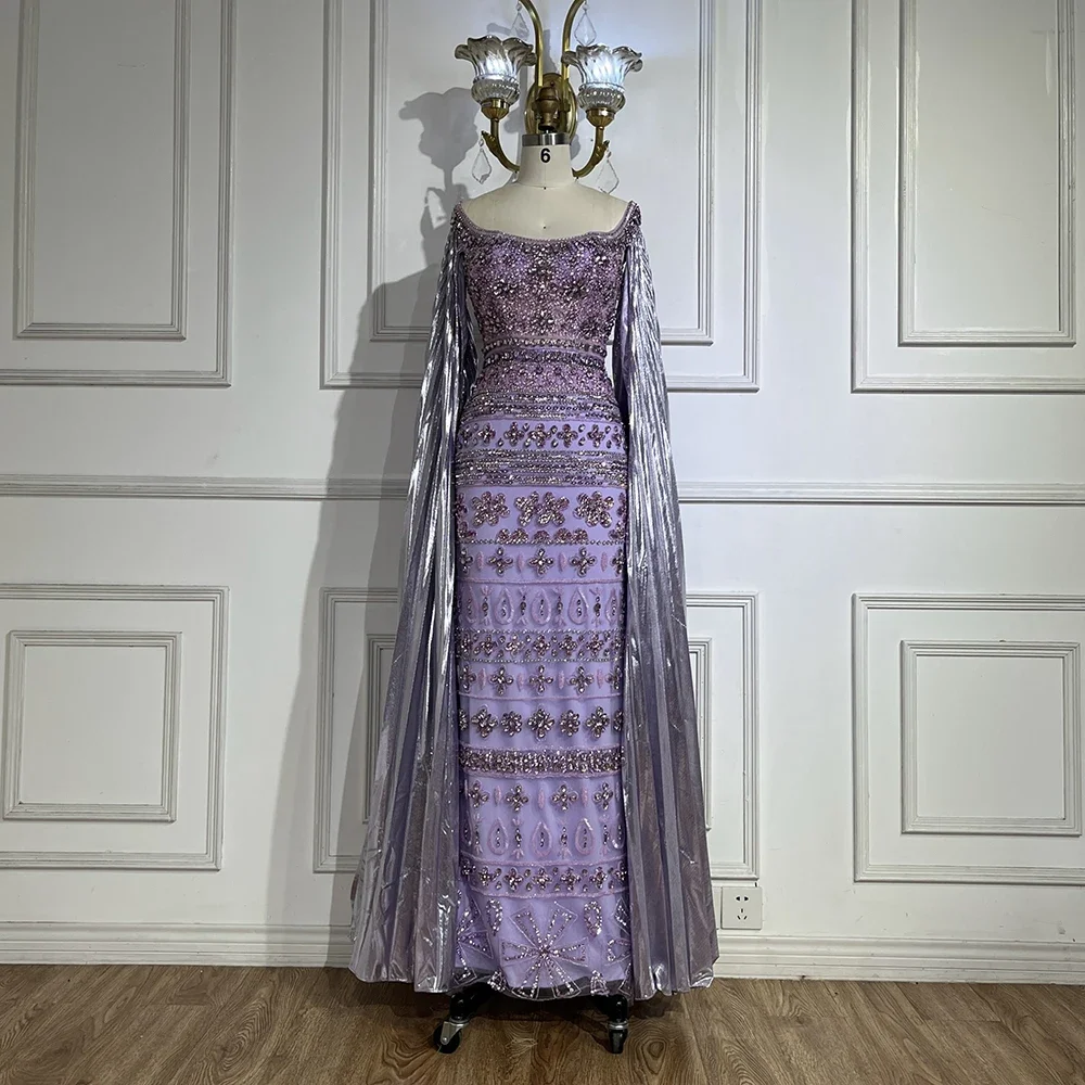 2024 Arabic Purple Cape Sleeves Mermaid Dubai Beaded Luxury Evening Dresses For Women Wedding Party Gowns LA72175 Customized