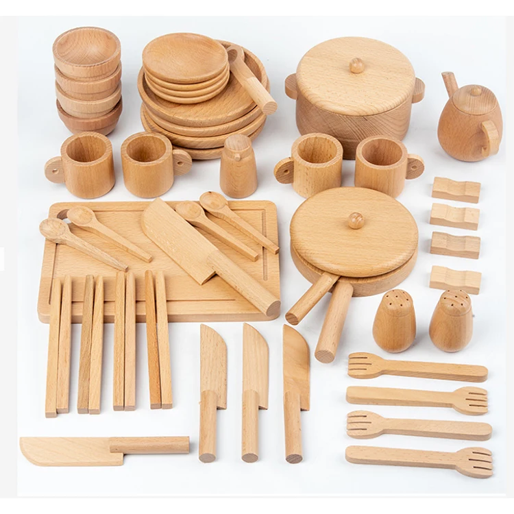 Wooden Kitchen Utensil Set pretend play for toddler play kitchen Toys Montessori Toys Fraying Pan Pot Lid