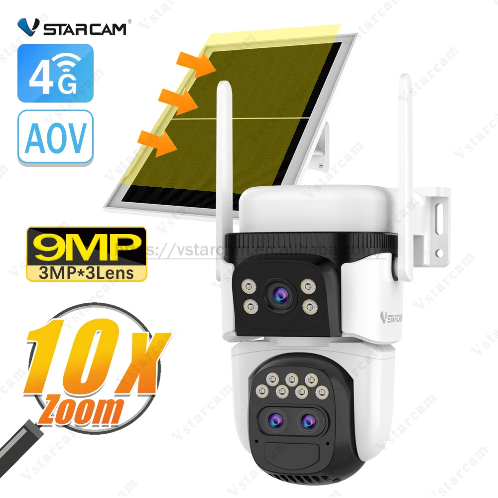 VStarcam Азиатская 4G Аов 24/7 Запись видео на солнечной батарее камера с тремя линзами ИК-датчик цветного ночного видения 10X зум сеть видеонаблюдения
