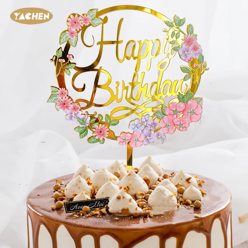 YACHEN Wholesale Custom Acrylic Happy Birthday Cake Topper Decoration Golden Flower Acrylic Cake Toppers