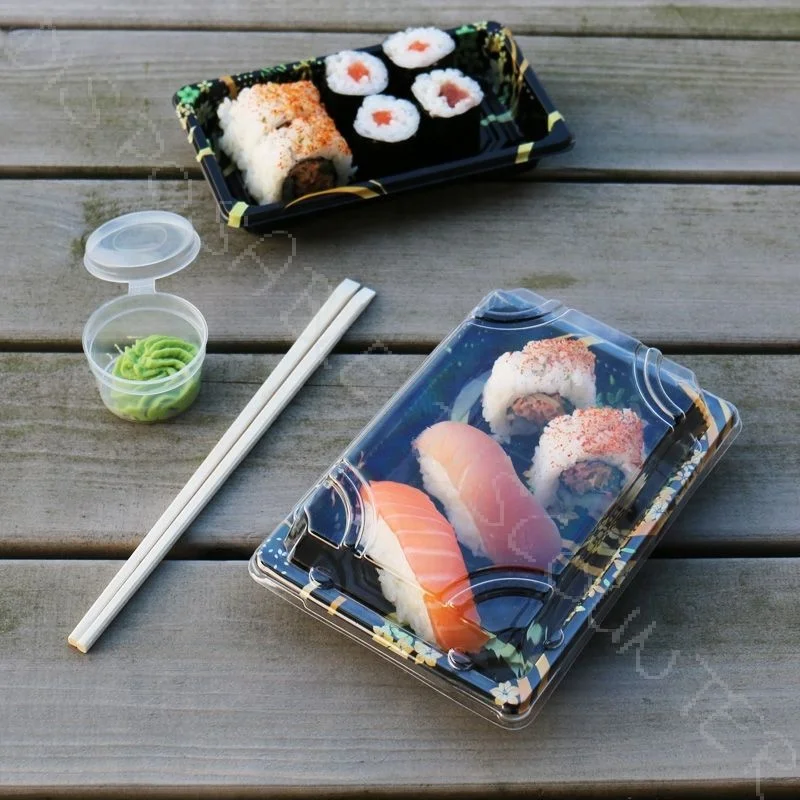 Custom Disposable Plastic Sushi Box Square Plastic Sushi Tray With Clear Lid Blister Food Packing Container