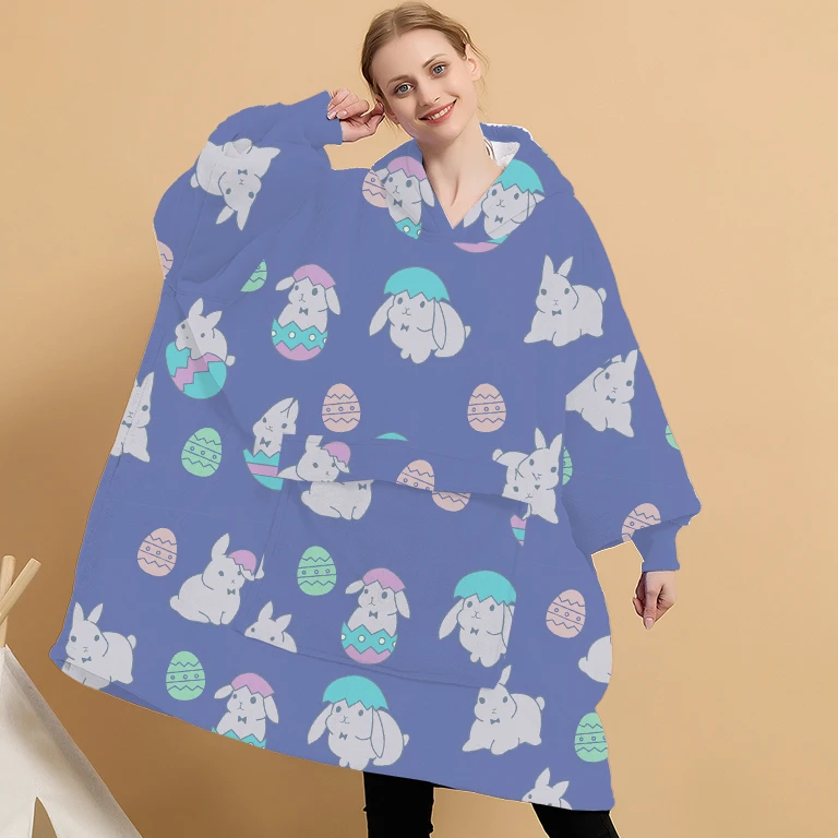 Customized Easter Rabbit Pattern Design Sherpa Cozy Soft Warm Oversized Hoody Wearable Pullover Hoodie Blanket With Hoods