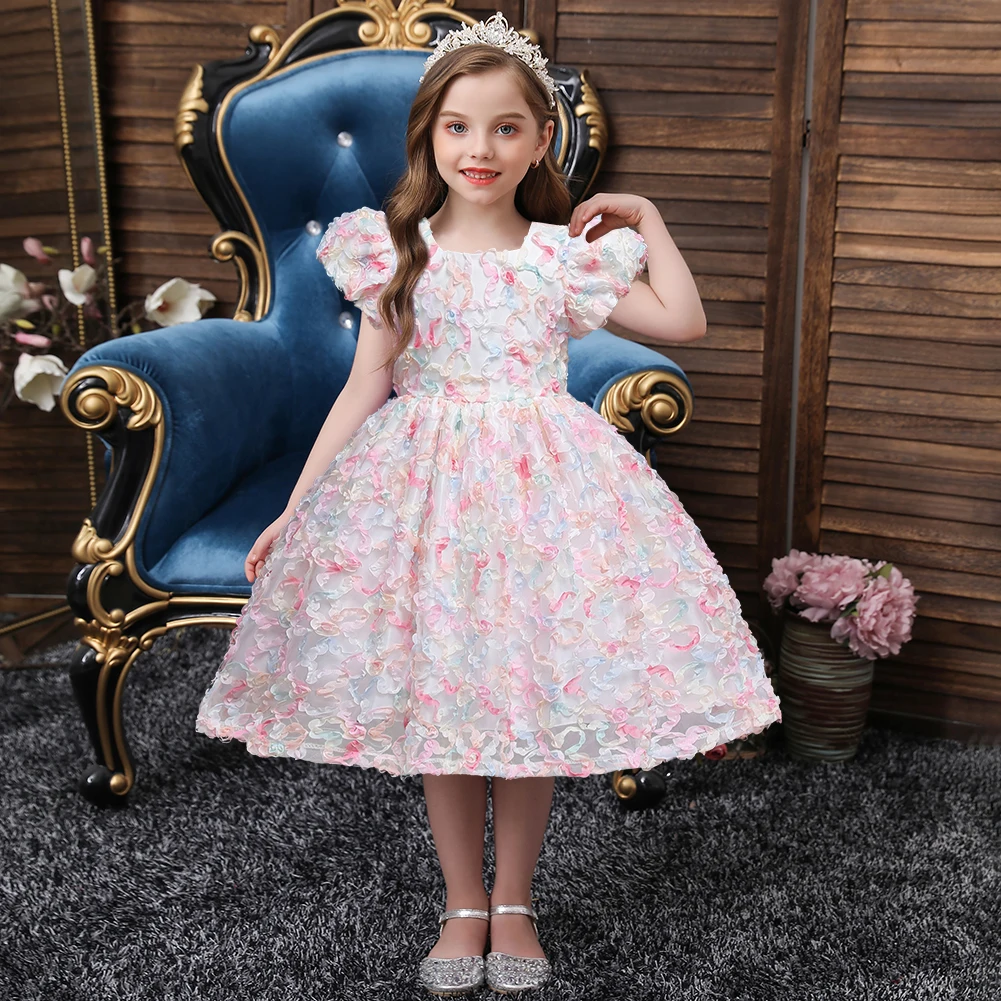 In Stock Korean Style 3D Flower Girl Bridesmaid Dress Pink Girls Party Birthday Dresses for 6Y  Soft Kids Night Dress