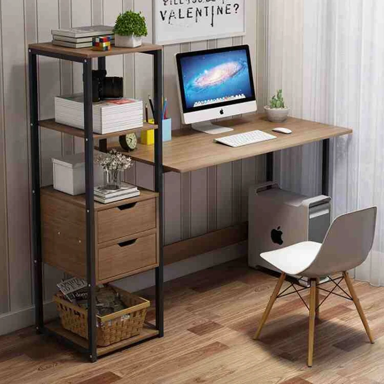 Wooden Office Desk Study Writing Home Steel Wood Desktop Computer Table with Shelf and Drawers