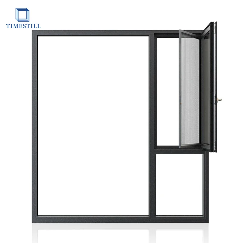 Aluminum casement window with mosquito net in black, insulating tempered glass, high thermal and acoustic insulation performance