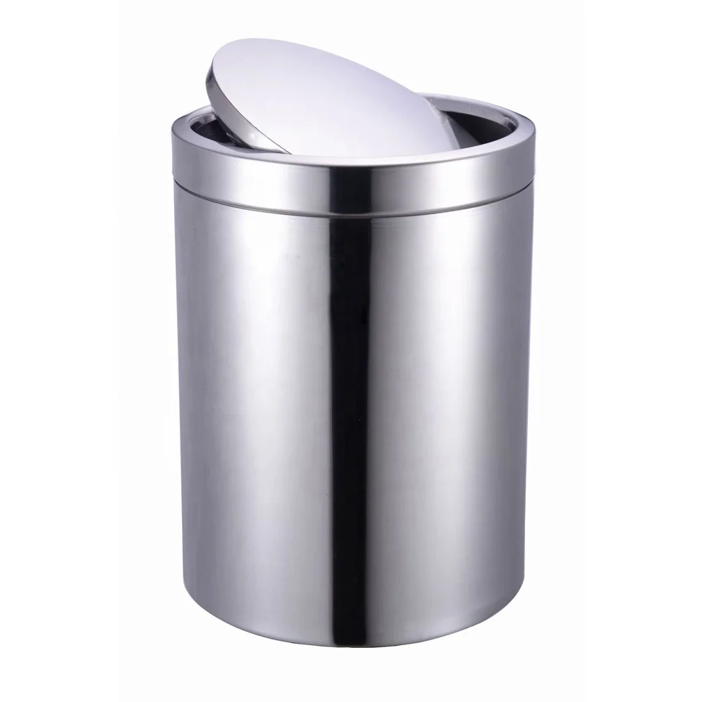 round Stainless Steel Trash Can with Swing Lid Kitchen Worktop Waste Rubbish Bin for Home or Office Standing Structure