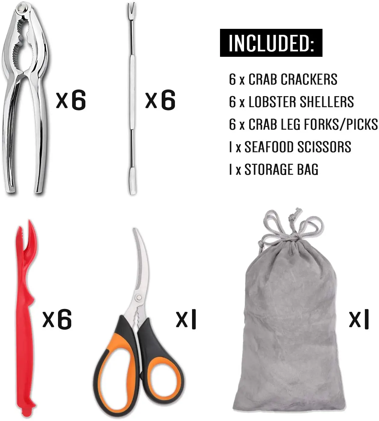 Macadamia Nut Cracker Mach includes 6 Crab Crackers, 6 Lobster Shellers, 6 Crab Leg Forks/Picks and 1 Seafood Scissors & Storage