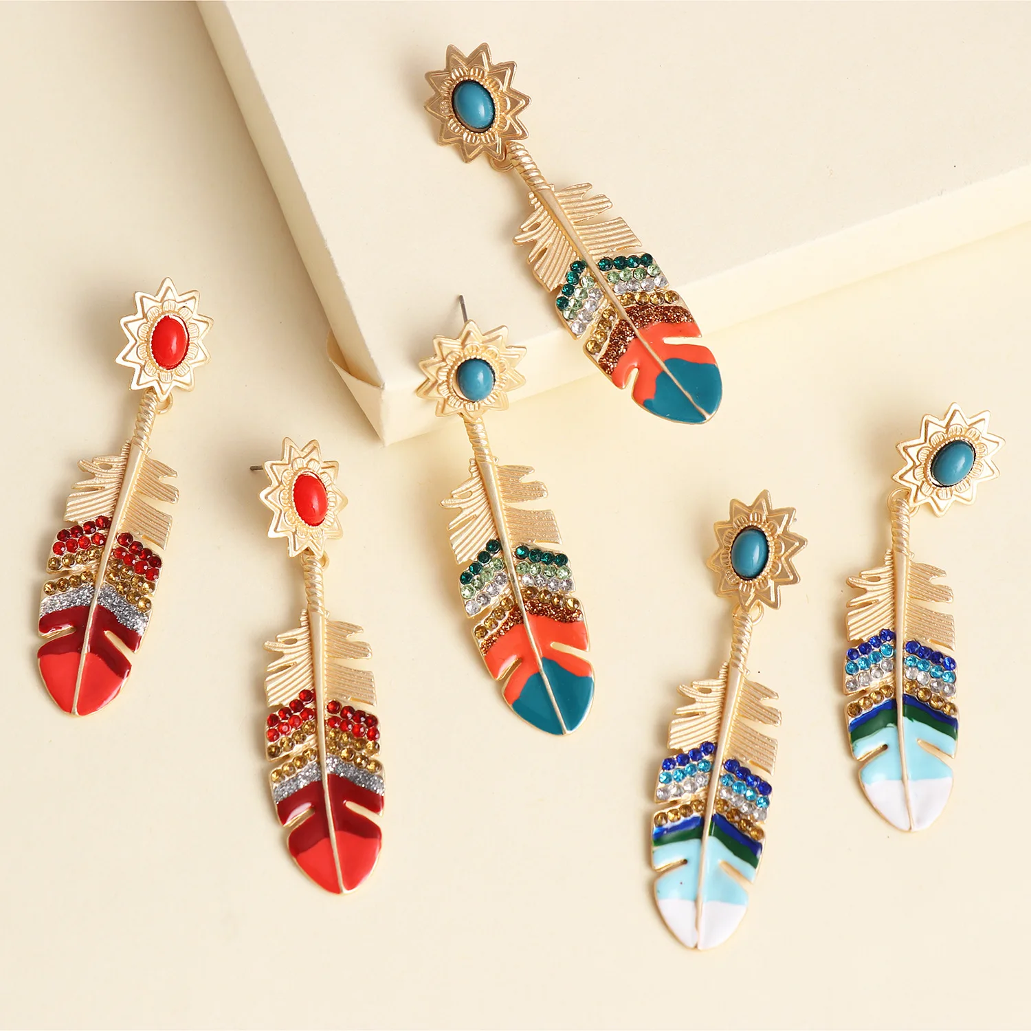 Fashion ethnic style feather colorful earrings personalized artistic all-match earrings JJER54220