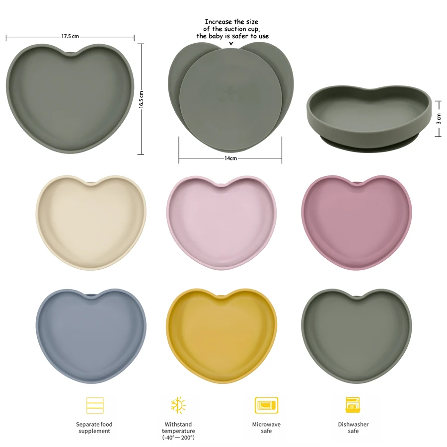 Popular Food Grade Baby Durable Cute Heart Shape Soft Safety Anti Drop Silicone Suction Plate Feeding Tableware For Newborn