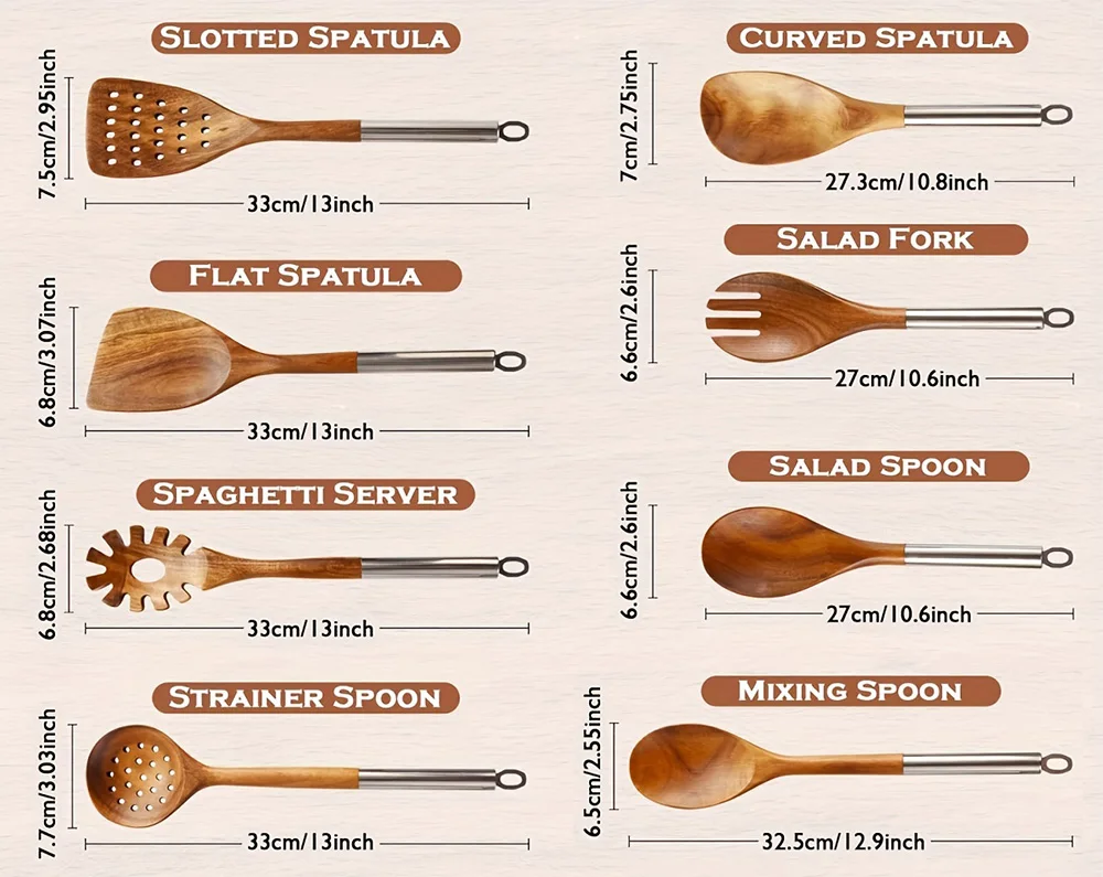 8 PCS Kitchen Cooking Wooden Spoon Spatula Natural Acacia Wood Utensils Set with Stainless Steel Handle