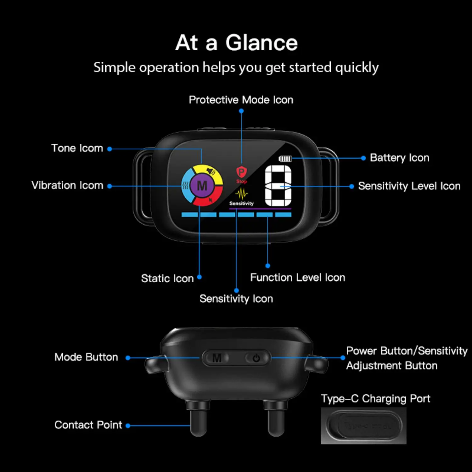 Color screen ip67 waterproof adjustable sensitivity shock anti bark training collar dog bark collar