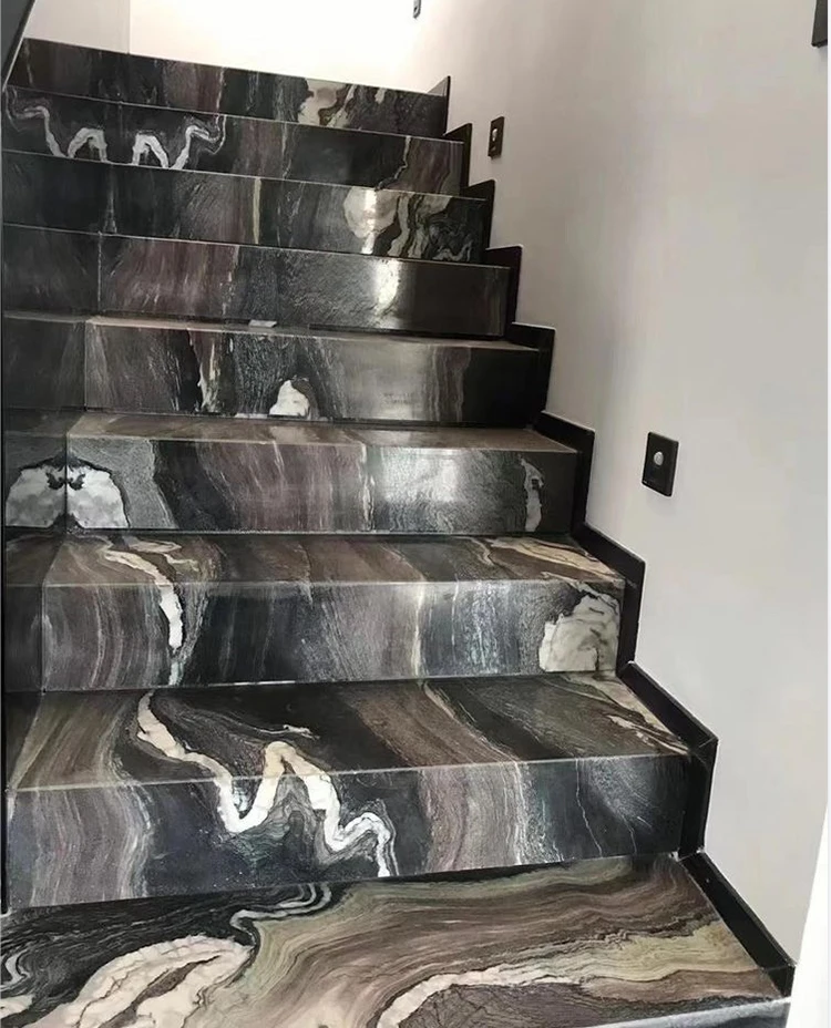 Luxury Indoor Natural Marble Treads Spiral Landscape Purple Marble Staircases