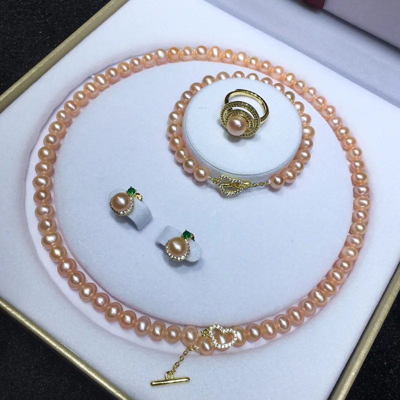 SINOCRE Sinocre Jewelry Natural Freshwater Pink Real Pearl Necklace Earrings Bracelet Ring Pink Pearl Jewelry Set