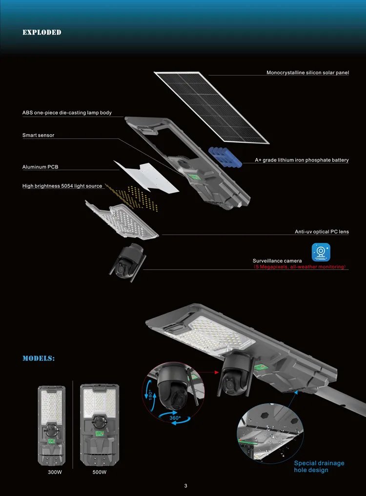 Outdoor IP65 1080P 5 Million Pixels 4G WIFI SIM Card Security Solar Street Lights With CCTV Camera 300W 500W