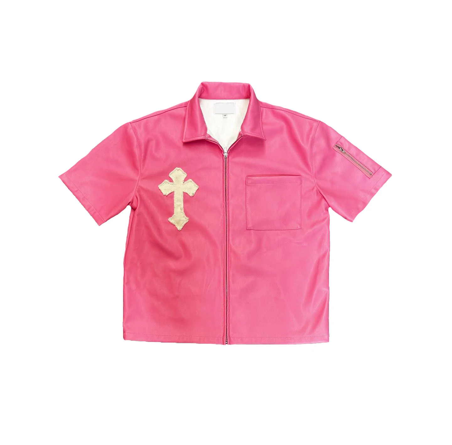 Custom Patch Oversized Short Sleeve Collar Zip Up  Applique Embroidery  With Logo Vintage Boxy Leather T Shirt