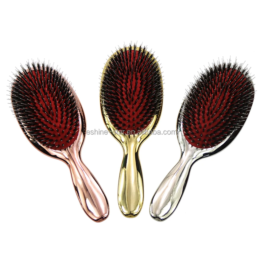 Custom Logo Rose Gold Color Electroplated Boar Bristle Glossy Hair Brush Extension Hair Brush