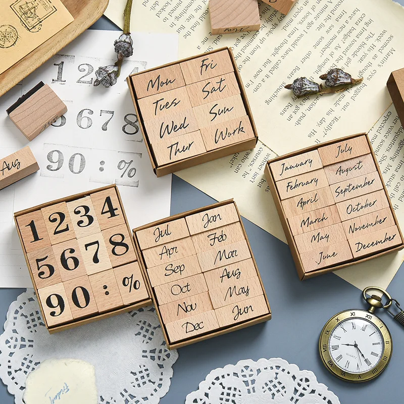 Classic School Student Kids Craft Diy Wood Stamps Set Journal Diary Planner Decorative Diy Time Stamps Set Stationery