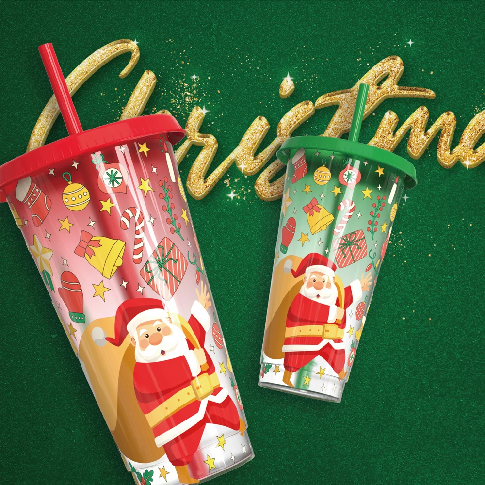 New product Christmas glass 24oz plastic coffee cold color changing cup gift santa christmas mug
