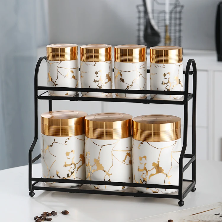 Kitchen elegant luxury design marble white gold canister set cylinder ceramic sugar cookies storage jar set spice jar with lids