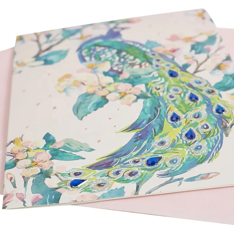 
Wholesale Custom Handmade Shiny Glitter, Elegant Peacock Thanke You Greeting Cards with Gems 