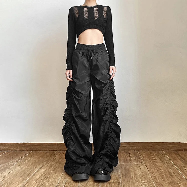 Womens Custom European and American Style Fold Sexy High Waist Casual Pants Female Design Sense Pleated Loose Stacked Long Pants