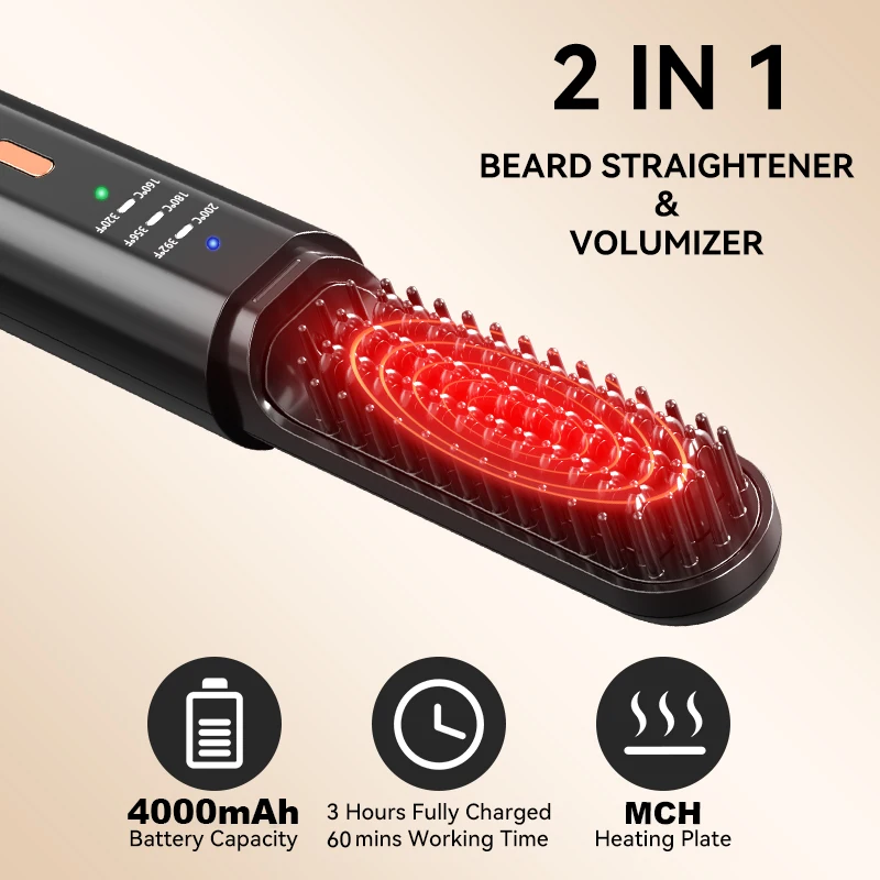 New Design 55W Portable Beard Cordless Electric Hair Straightening Brush USB Rechargeable Hair Straightener Comb For Home Use
