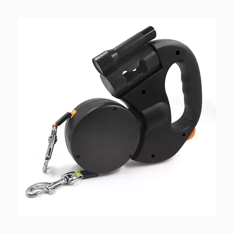 Outdoor Automatic Retractable Double Dog Leash Extendable Pet No Tangle Leash with Led Light and Poop Bag Dispenser