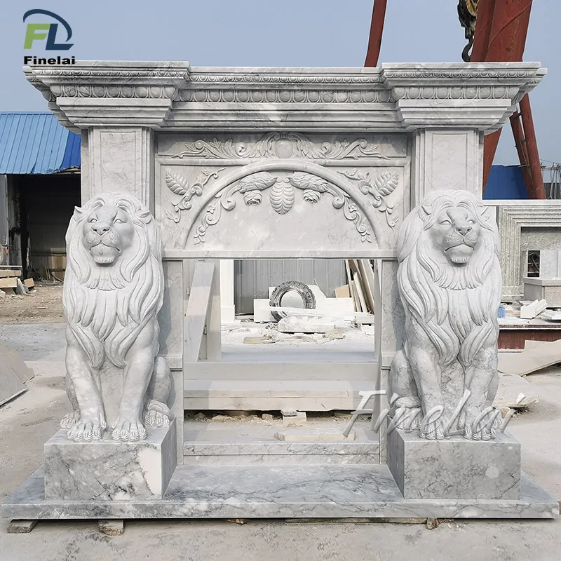 Finelai modern hand carved natural stone fireplace lion marble fireplaces sculptures marble stone lion head fireplace mantel