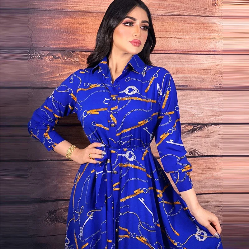 Southeast Asia Indonesia Printed Vintage Dress Women Muslim Clothing Turn Down Neck Long Sleeves Evening Dresses for Party 2022
