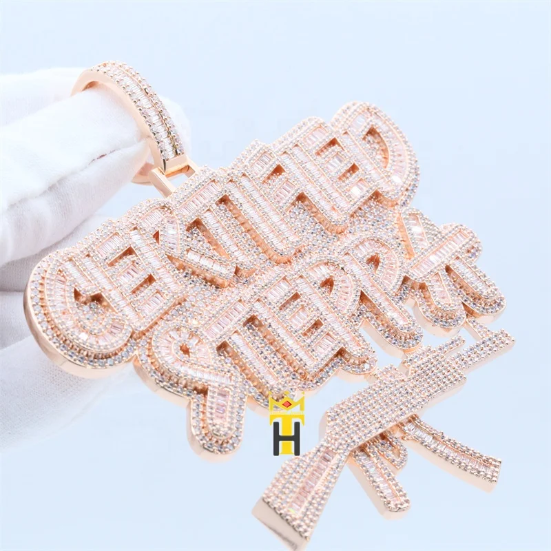 Custom hiphop pendant iced cz diamond jewel 925 silver copper rose gold men gun letter charm pendant