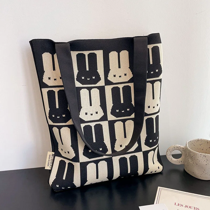 Wholesale Custom Design Rabbit Thickened Shoulder Bag Vintage Large Capacity Handbags Unique Knitted Cotton Tote Bag for Women