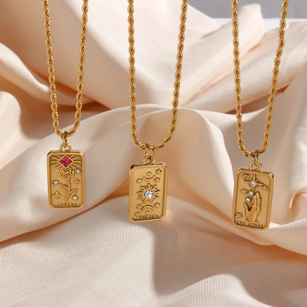 Custom Waterproof 18K Gold Plated Stainless Steel Tarot Card Zircon Flower Pendant Necklace For Women