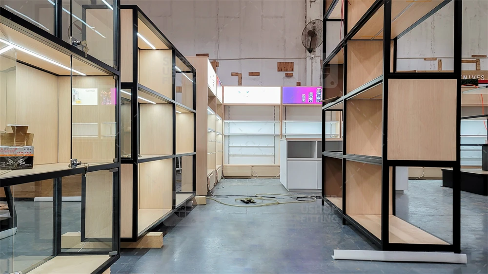 Custom Metal Wooden Gondola Shelving Double-sided Supermarket Shelves Supermarket Advertising Shelf Display with Led