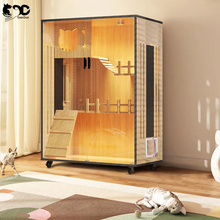 GeerDuo Pet Luxury Large Multi- Size Stable Cozy Wooden Cat Sleeping Rest House Villa Cage
