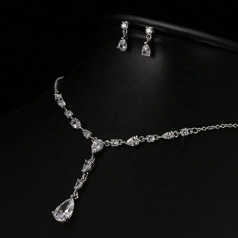 Elegant Women Wedding Jewellery Silver Plated Clear CZ Crystal Water Drop Diamond Bridal Necklace Earrings Jewelry Sets
