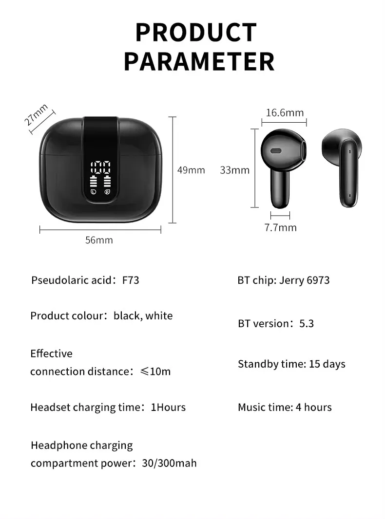 Double Label ENC Noise-Cancelling TWS Earbuds LED Wireless BT Calling Waterproof Gaming In-Ear Headphones with Digital Functions