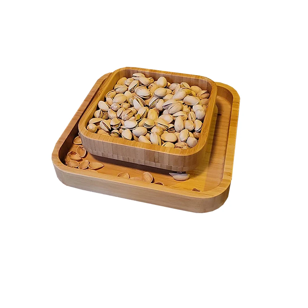 Bamboo Pistachio Snack Bowl with Shell Storage,Double Dish Holder Wooden Square Nut Bowl Pedestal, Sunflower Seed Snack Bowl