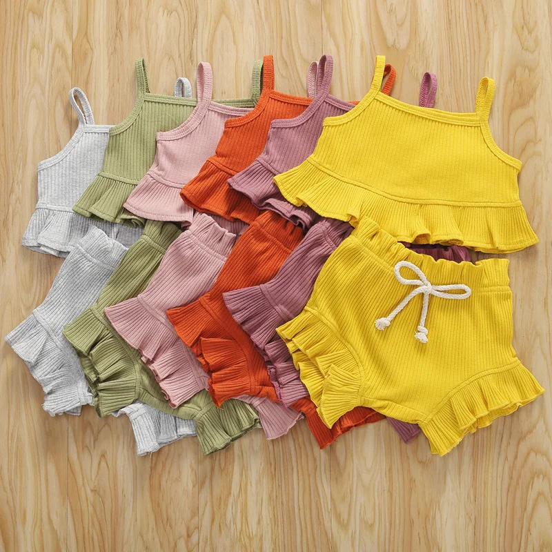 
Adorable Baby Girls Summer Clothing Toddler Kids Pure Cotton Rib-Knit Camisole Tops Shorts 2 piece Outfits 