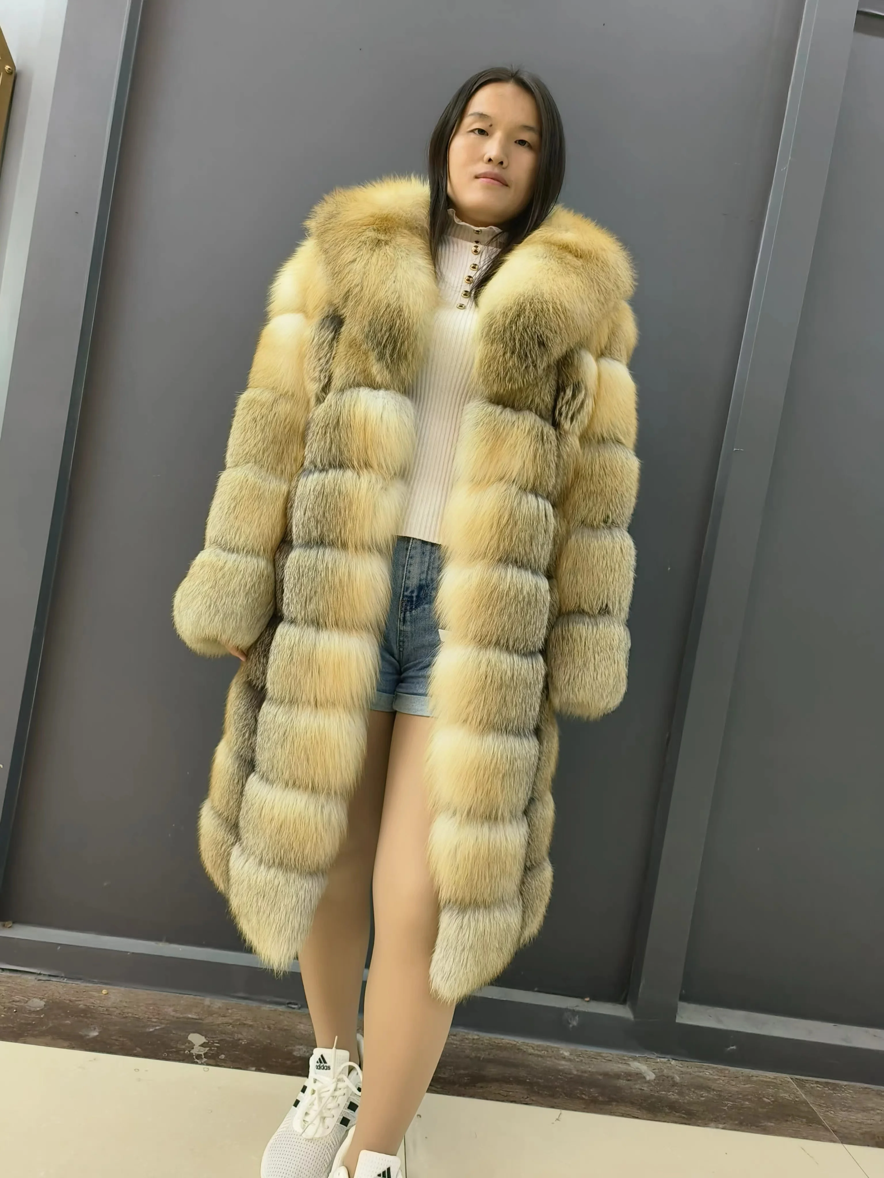 New Style Custom Gold Island Fox Fur Women Coat Wholesale Natural Red Fox Fur Coat With Big Fur Collar