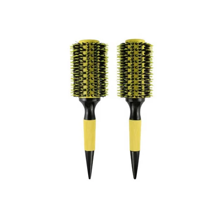 Bright Yellow Ceramic Round Brush Nylon Boar Bristle Curling Hair Brush